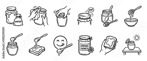 Hand-drawn black and white honey icons set showing jars, dippers, toast, and hands in a simple doodle sketch style for food and beekeeping concepts