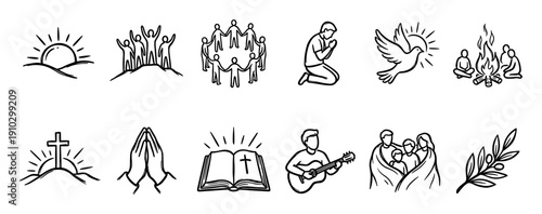 Collection of hand-drawn Christian icons featuring a cross, dove, Bible, praying hands, and people in fellowship, rendered in a simple black and white doodle sketch style for faith concepts