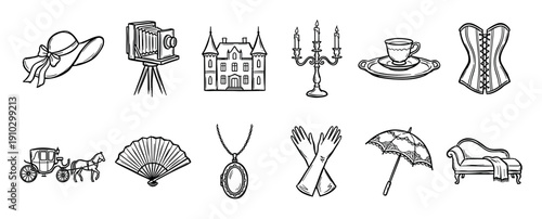 Diverse collection of elegant vintage hand-drawn objects, including fashion, home decor, and travel items, rendered with a charming, nostalgic, and illustrative sketch aesthetic