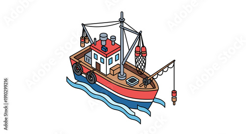 Colorful Cartoon Fishing Boat Illustration.
