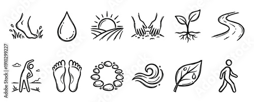 Collection of black and white doodle icons representing nature, wellness, and grounding concepts like walking barefoot, planting, and outdoor exercise in a simple sketch style