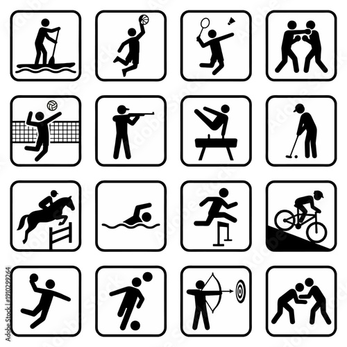 Professional sports icon set with athletic pictograms for competition
