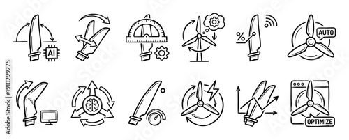 Hand drawn black white wind turbine blade icons illustrating concepts of artificial intelligence, automation, energy optimization, and measurement in a modern technical sketch style