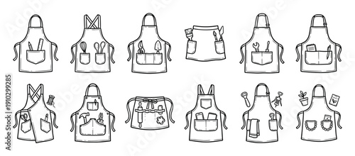 Diverse collection of hand-drawn doodle aprons showcasing various professional and hobby tools like gardening, cooking, crafting, and repair items in a charming black and white line art style