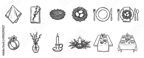 Various hand-drawn black and white Easter dining elements and festive table settings are depicted in a charming sketch art style, showcasing traditional spring decorations and meal preparations