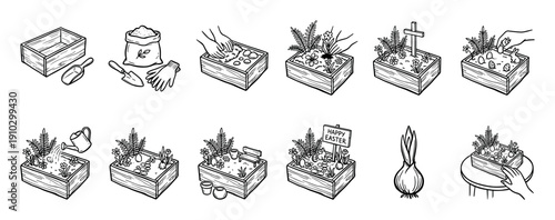 Detailed black and white line art illustrations show the step-by-step process of creating a charming Easter-themed miniature garden, complete with planting, decorating, and tending