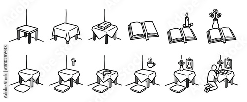 Simple line art icons illustrating various religious and contemplative scenes with tables, books, candles, and a person kneeling in prayer, rendered in a minimalist black and white style