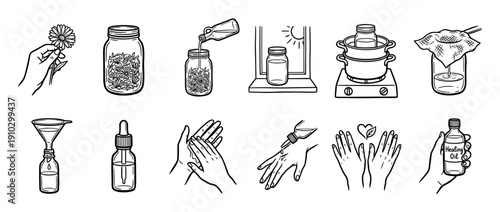 This comprehensive DIY herbal oil making process illustration details each step from harvesting fresh flowers to infusing, straining, bottling, and applying the natural healing oil