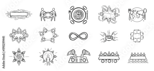 Diverse collection of hand-drawn food and community icons, featuring global dining, collaborative meetings, sharing meals, and abstract concepts in a simple, sketchy illustration style