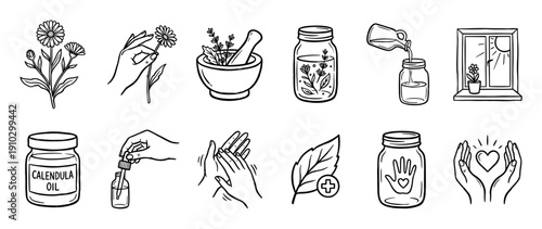 Collection of hand-drawn natural remedy icons illustrating herbal medicine, plant-based skincare, and holistic wellness processes with various elements like flowers, jars, and hands