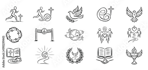 Collection of hand-drawn Christian and peace icons, depicting spiritual journeys, community, doves, crosses, and global unity in a simple, expressive line art style