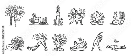 Ten hand-drawn line art illustrations of women performing various yoga poses, gracefully integrated with natural elements like trees and flowers, conveying a sense of peace and wellness