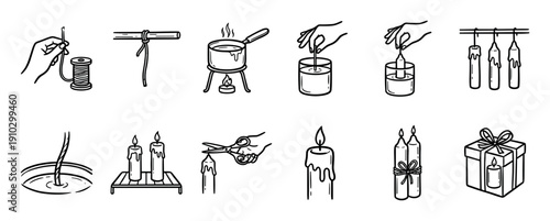 Handmade candle making process icons illustrate the steps of crafting decorative wax candles, showing melting, dipping, and finishing techniques in a clear, illustrative style
