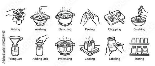 Twelve black and white line art illustrations depict the detailed step-by-step process of making homemade tomato sauce or preserves, from picking fresh tomatoes to storing the finished jars