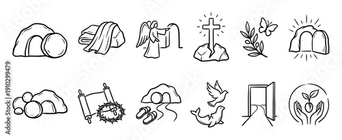 Collection of black and white Christian Easter icons depicts various religious symbols of resurrection, hope, and new life in a simple, hand-drawn outline style