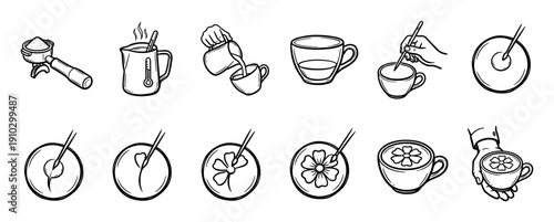 Twelve detailed hand-drawn illustrations depicting the complete process of crafting beautiful latte art, from preparing espresso and frothing milk to pouring and etching intricate designs