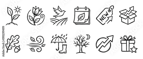 Collection of hand-drawn black-and-white line icons depicting nature, weather, growth, and seasonal elements, presented in a simple, illustrative, and artistic doodle style