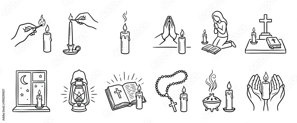 Obraz premium Diverse black and white line art religious symbols and spiritual elements are depicted in a doodle style, illustrating prayer, faith, and contemplation with candles, crosses, and Bibles