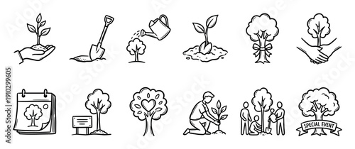 Collection of hand-drawn tree planting and growth icons illustrating environmental care, featuring seedlings, shovels, watering, and community involvement, rendered in a simple,  doodle style