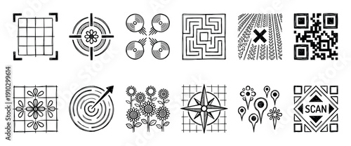 Diverse collection of hand-drawn black-and-white doodle icons depicting various concepts like QR codes, targets, mazes, compasses, and flowers, presented in a simple, illustrative style