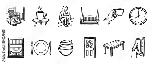 Collection of hand-drawn black and white line art icons depicting various everyday household objects and activities, presented in a simple, illustrative, and clean graphic style