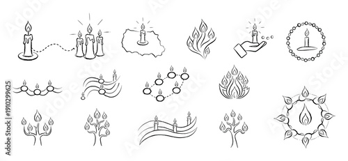 Hand-drawn candle and flame illustrations depicting various symbolic concepts, including single candles, groups, abstract patterns, and a hand holding a light, all rendered in a simple sketch style
