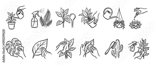 Collection of hand-drawn houseplant care icons illustrating various nurturing activities like watering, misting, repotting, and cleaning leaves in a simple outline style