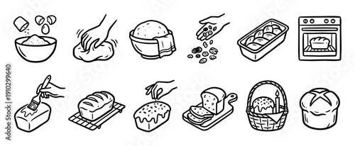 Comprehensive collection of hand-drawn baking process icons illustrating various steps from mixing ingredients and kneading dough to baking fresh bread and decorating pastries