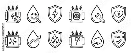 Collection of hand-drawn line icons depicting various concepts like energy, water, security, technology, and health, rendered in a simple, doodle style with clear outlines