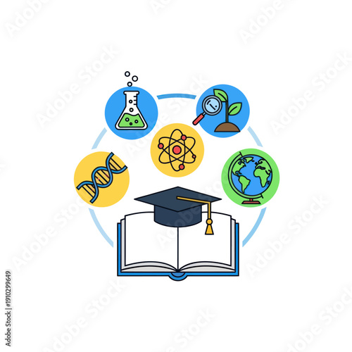 Open book with graduation cap and educational subject symbols