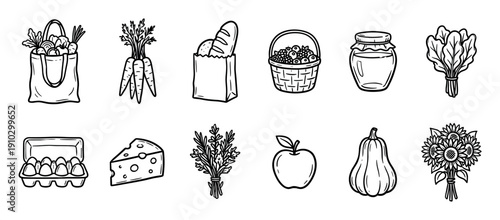 Collection of hand-drawn grocery and farm-fresh items, including vegetables, fruits, bread, cheese, eggs, and flowers, depicted in a clean outline sketch style