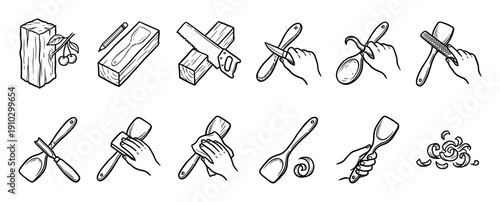 Detailed black and white illustrations depict the wooden spoon carving process, showing steps from a  saw, through shaping with hand tools, to the final sanding and oiling of the finished utensil