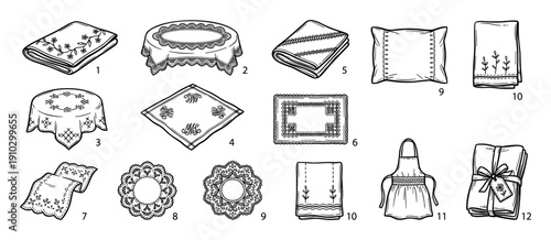 Various embroidered household linens and domestic textiles are depicted in a charming black and white line art illustration, showcasing intricate patterns and classic designs
