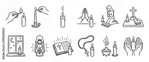 Diverse black and white line art religious symbols and spiritual elements are depicted in a doodle style, illustrating prayer, faith, and contemplation with candles, crosses, and Bibles