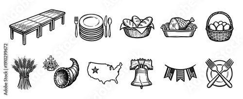 Collection of hand-drawn Thanksgiving and patriotic symbols, featuring food, dining elements, and historical American icons in a traditional sketch style