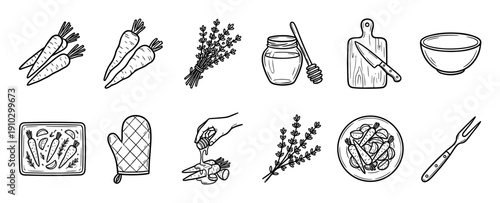 Hand drawn cooking and food preparation icons featuring carrots, herbs, kitchen tools, including a cutting board, knife, bowl, oven mitt, and honey jar, in a charming doodle style