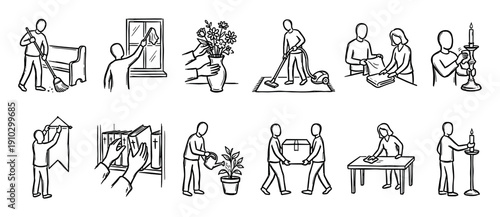 Collection of black and white line art illustrations depicting various acts of service and community support, rendered in a simple, hand-drawn style with a clear, illustrative quality