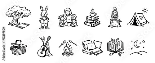 Charming collection of hand-drawn black and white icons depicting various cozy outdoor and reading activities, including camping, picnics, storytelling, and quiet moments