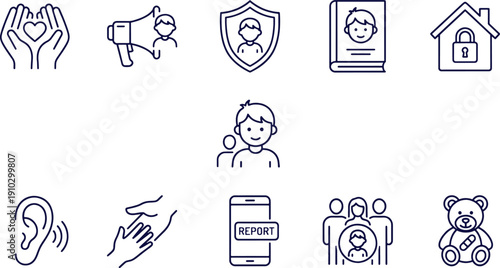 Line icons set for child protection and safety  security shield  heart in hands  megaphone  teddy bear with bandage  report button on phone
