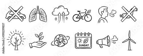 Collection of hand-drawn environmental protection icons, illustrating concepts like clean air, renewable energy, sustainable transport, and nature conservation with a positive, eco-friendly mood