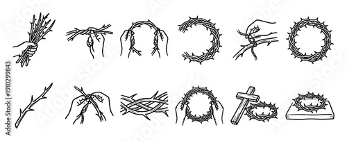 Thorny crown and its creation process are depicted in this detailed black and white line art illustration, featuring hands weaving branches, a finished crown, and a cross