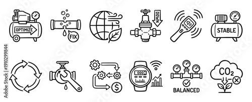 Twelve black and white line art icons depict industrial processes, environmental sustainability, and technological solutions for efficiency and maintenance, presented in a clean, modern style