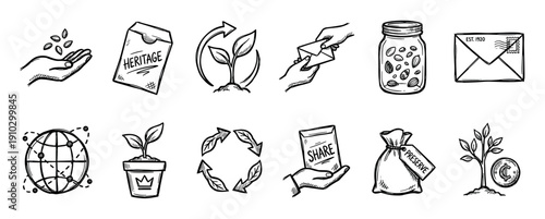 Collection of hand-drawn doodle icons illustrating concepts of heritage, preservation, sharing, growth, and sustainability in a simple, conceptual line art style