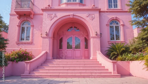 Luxurious pink mansion with grand entrance and beautiful garden