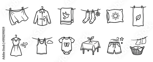 Hand drawn laundry and clothing icons depict various garments, towels, and household items being washed, dried, or prepared, presented in a clean, simple black and white line art style