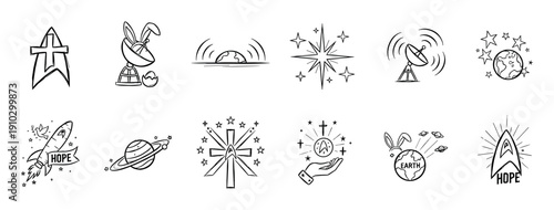 Collection of hand-drawn doodle icons combining Christian religious symbolism with science fiction and space exploration themes like rockets, planets, and futuristic emblems