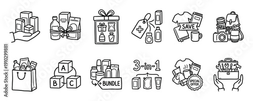 Collection of hand-drawn e-commerce and shopping icons illustrates various concepts like product bundles, special offers, and delivery services, presented in a clean, illustrative line art style