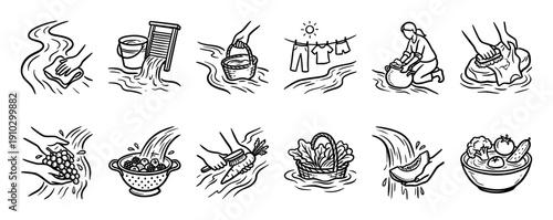 Black and white icon set illustrating washing clothes and food with river water, showing traditional rural household chores in a simple hand-drawn doodle sketch style