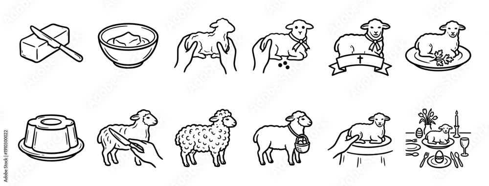 Fototapeta premium Set of hand-drawn Easter lamb icons depicting traditional holiday symbols for Christian celebration, including butter lamb, cake, sheep, and festive dinner table elements in a minimalist art style