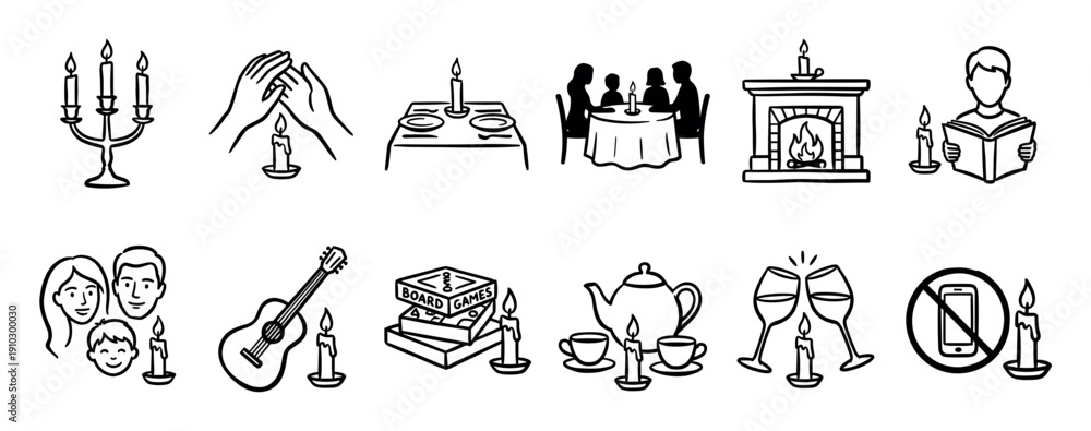 Obraz premium Set of hand-drawn black line art icons illustrating cozy home activities and a digital detox lifestyle with candlelight, family dinner, reading, and board games
